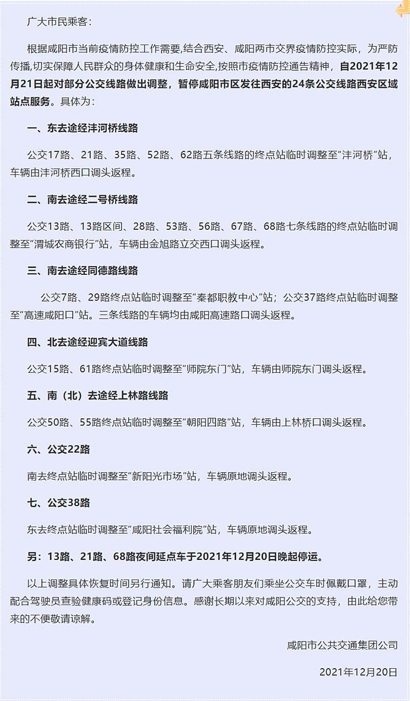 咸阳市关于市区部分公交线路调整的通告